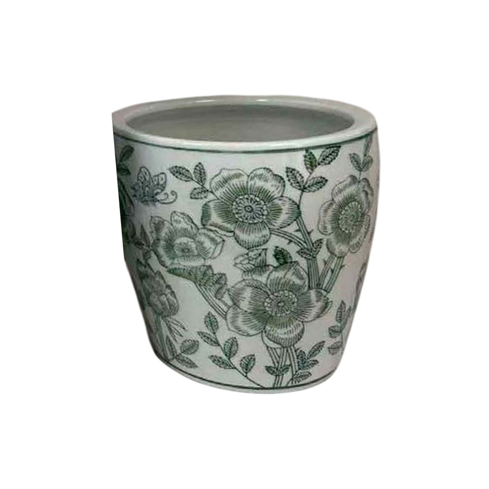 Kerry Accent Planter Pot Set of 4, Green Floral Pattern, White Ceramic Media 4