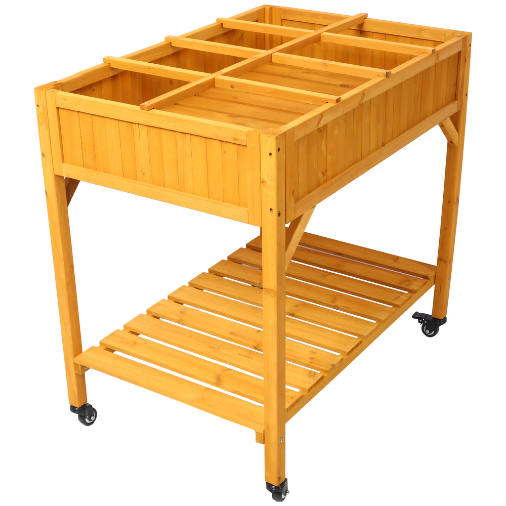 Elevated 8 Pocket Herb Garden Bed, Mobile Raised Customizable Wood Planter for Herbs, Vegetables, Flowers w/ Lockable Wheels, Storage Shelf, Drainage Holes Media 8