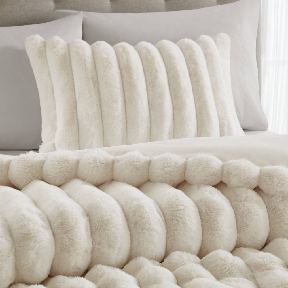 3-Piece Full/Queen  soft Faux Fur Ribbed Comforter Set,Ivory Media 15