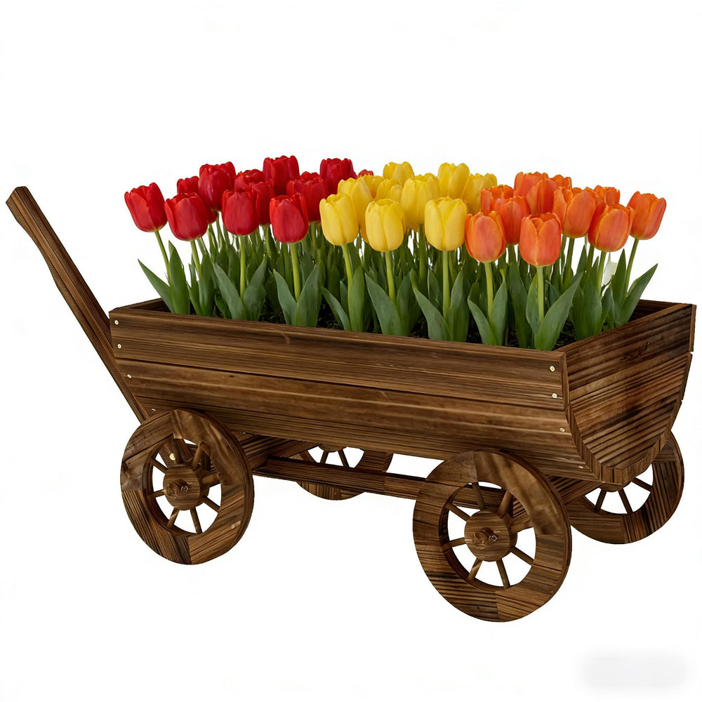 Small Wheelbarrow Wagon Flower Cart,Wooden Mobile Garden Planter Media 2
