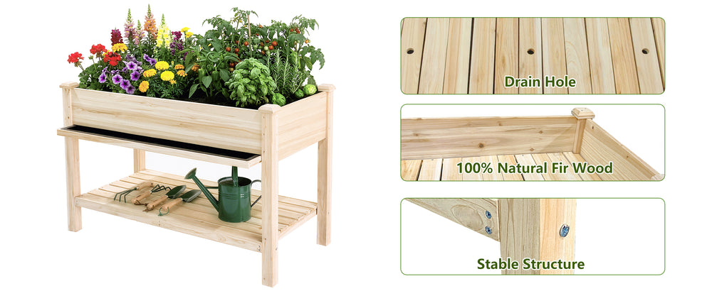 Raised Garden Bed 48x23x31.1-inch Elevated Wood Planter with Water Collection Tray, Storage Shelf, Protective Liner Media 18