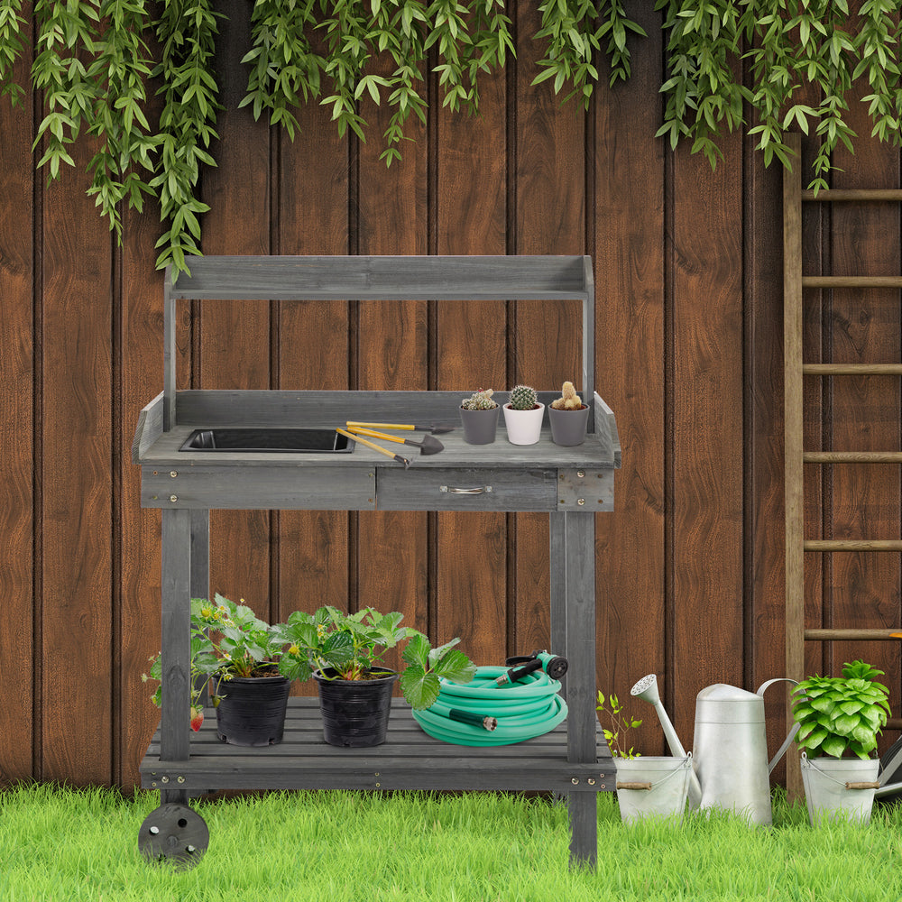 Outsunny 36'' Wooden Potting Bench Work Table with 2 Removable Wheels, Sink, Drawer & Large Storage Spaces, Gray Media 2