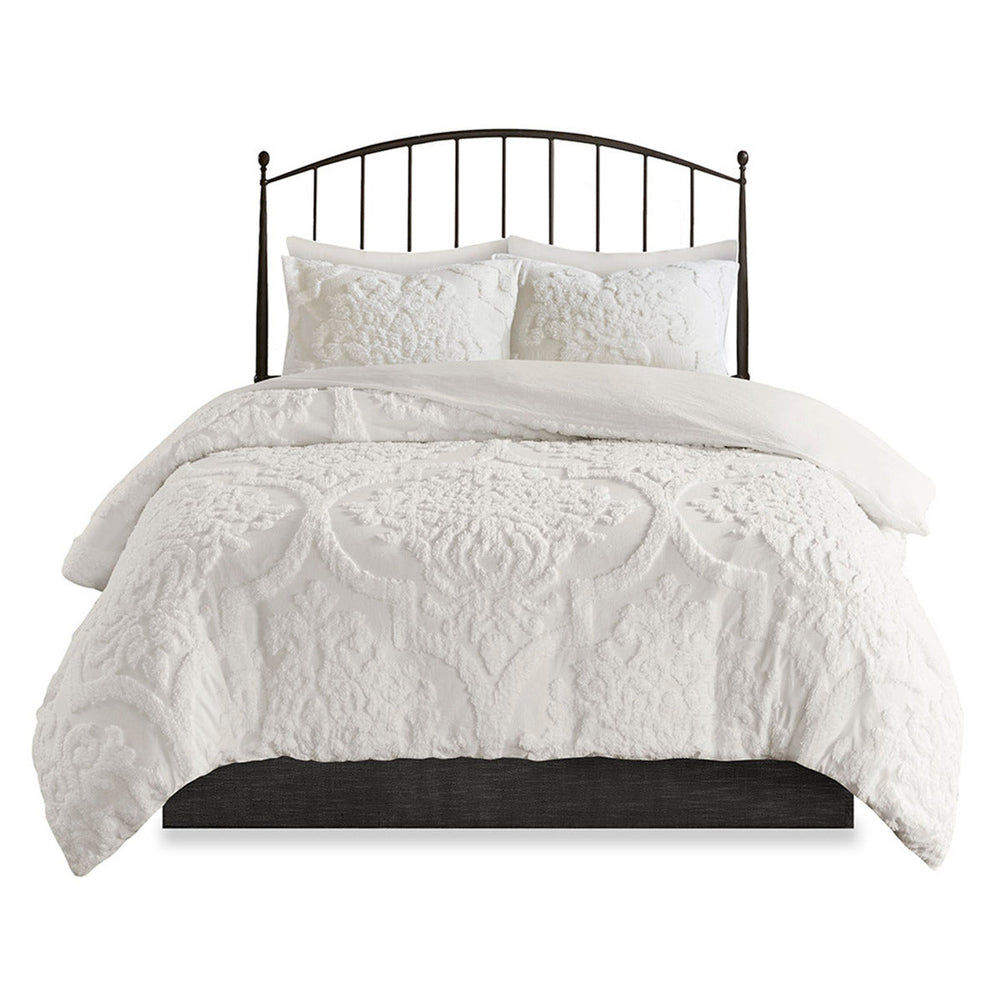 3 Piece Tufted Cotton Chenille Damask Comforter Set Off-White Full/Queen Media 9