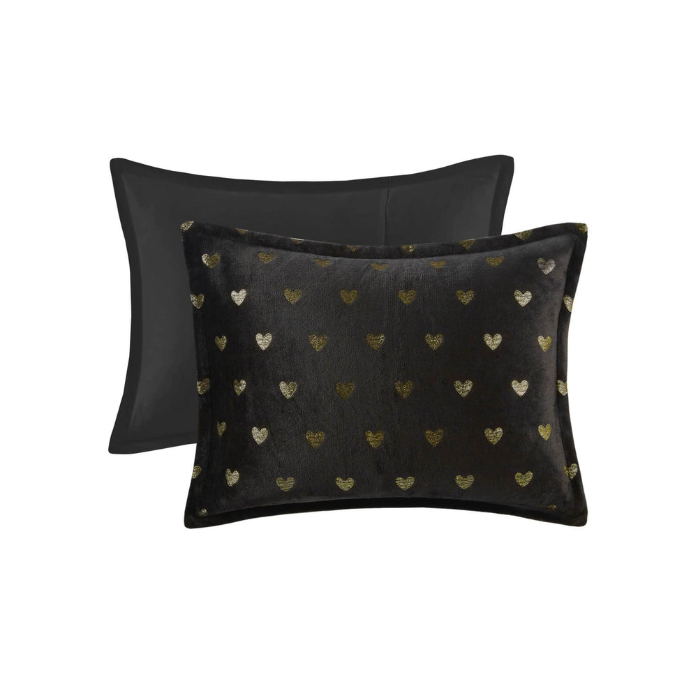 Plush Comforter Set & Black Gold Heart Print Full Queen Bedding 4 Piece with Throw Pillow Media 8