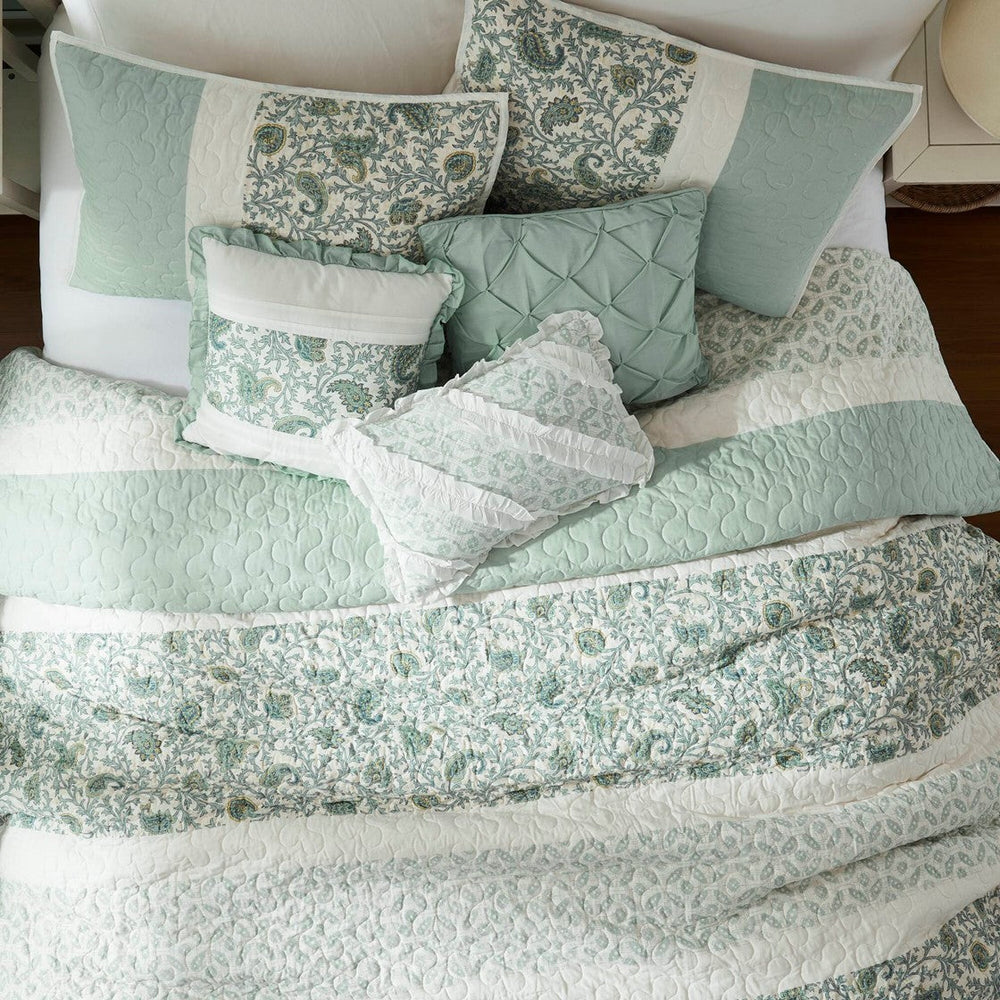 6 Piece Cotton Percale Quilt Set with Throw Pillows Aqua Full/Queen Media 8