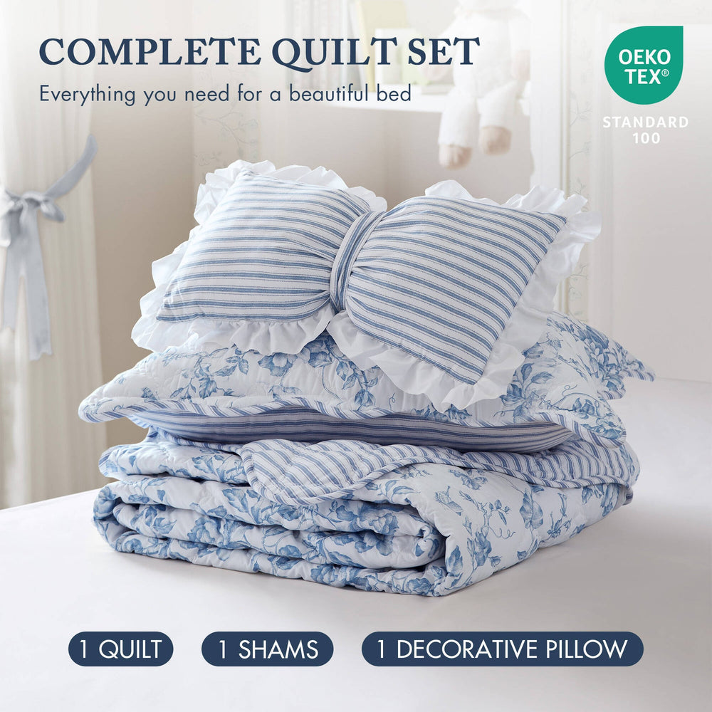 3 Pieces Twin/Twin XL Quilt Set with Decorative Pillow,Blue Media 2