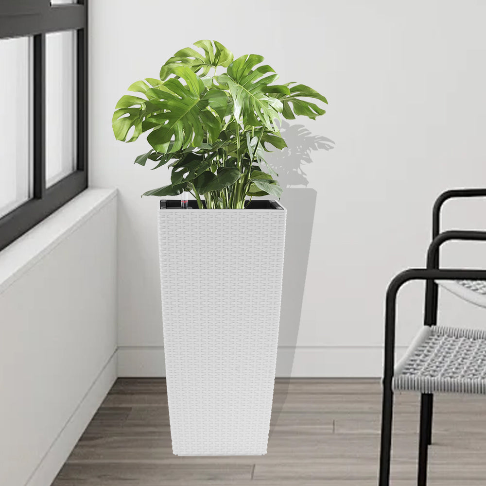 Indoor/Outdoor Modern Faux Rattan Design Square Planter, 22.6 inch White Plastic Large Planter with Automatic Watering System for Home and Garden (White, 22.6 inch - 2 Pack) Media 9