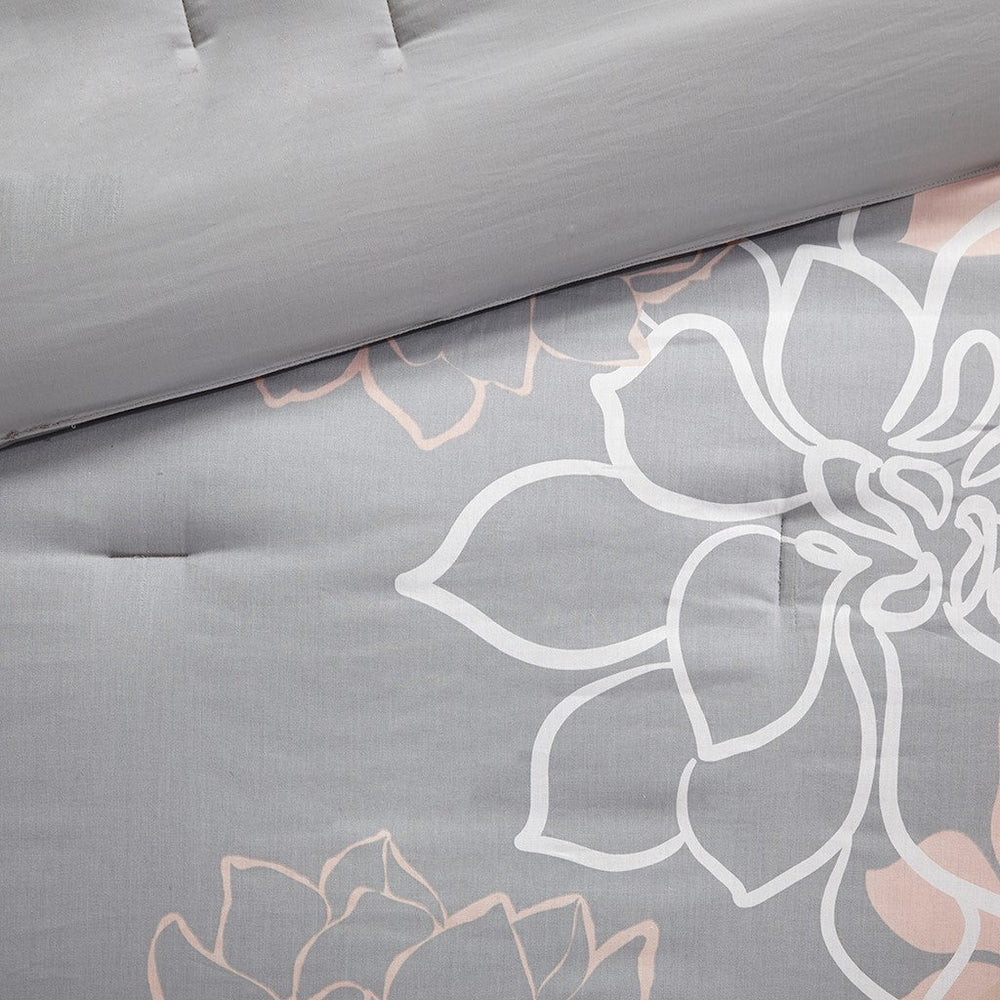 Printed Cotton Sateen Comforter Set Grey/Peach Cal King Media 7