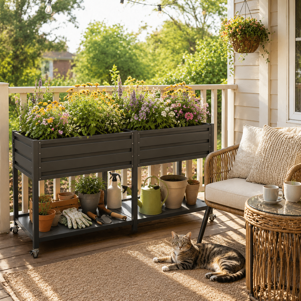 Dual Tier Elevated Metal Raised Garden Bed with Lockable Wheels & Lower Storage Shelf, Dark Gray Staggered Raised Planter Box for Vegetables Herbs Flowers, Outdoor Patio Backyard Raised Planting Bed Media 1