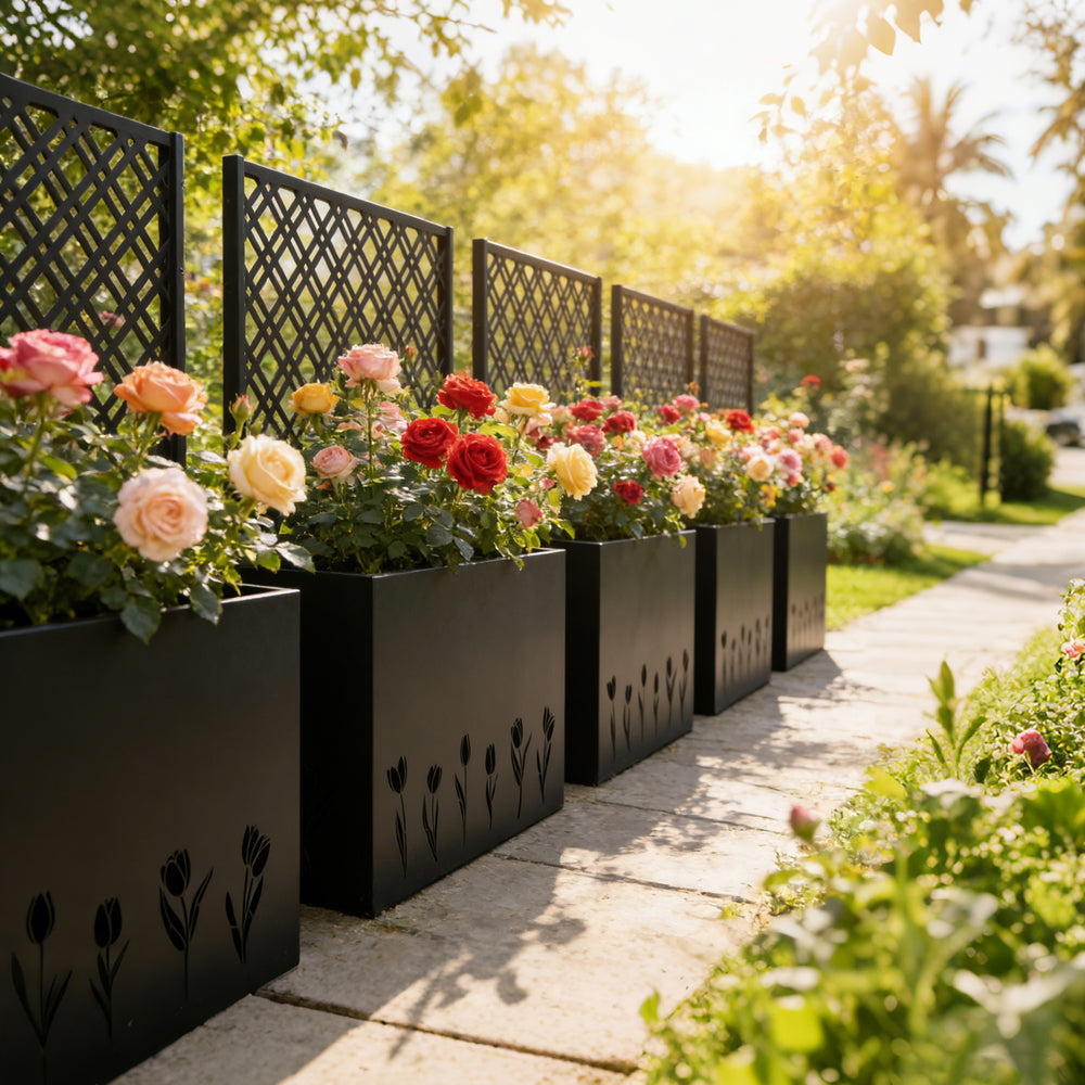Tall Metal Planter Raised Garden Bed with Trellis 35.5in L x 11.9in W x 47.3in H - Large Flower Box Privacy Screen for Porch, Patio, Garden, Commercial Décor, Tulip Black Media 8