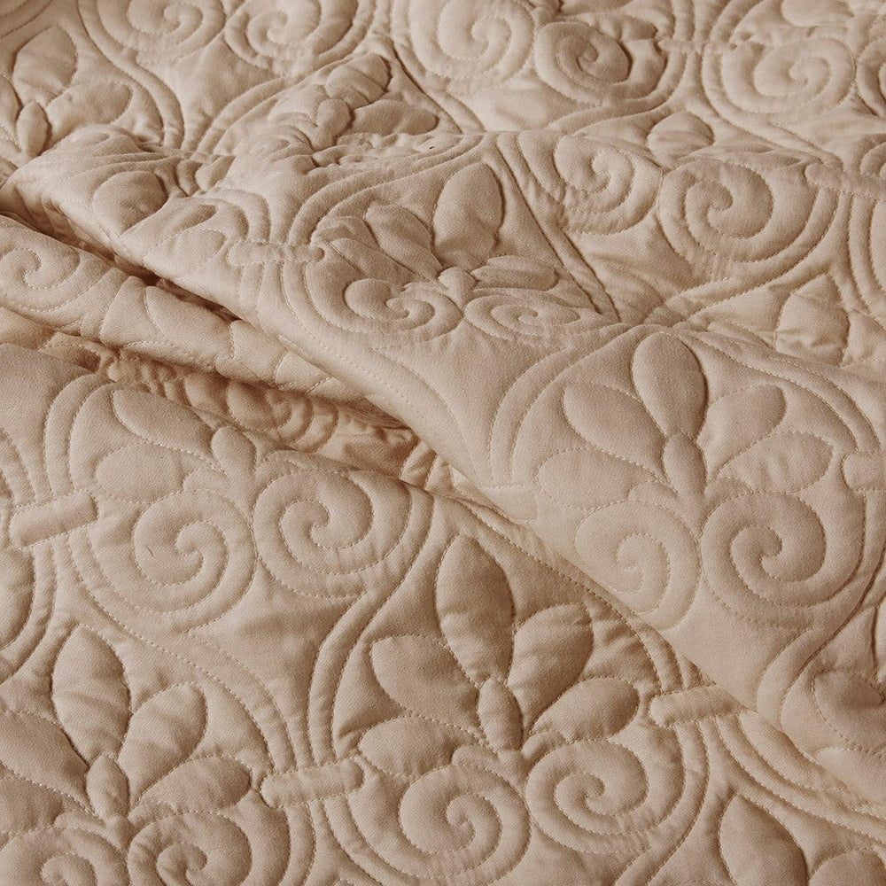 3 Piece Split Corner Pleated Quilted Bedspread Khaki Queen Media 14