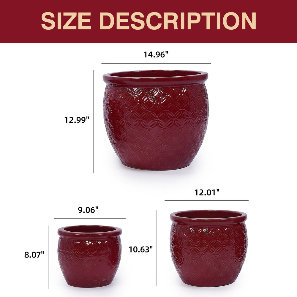 Handmade Ceramic Flower Pot Set of 3, 15/12/10 Inch Diameter, Deep Red with Floral Embossed Pattern, for Orchids Indoor/Outdoor Use on Windowsill & Bookshelf, Breathable Clay Media 16