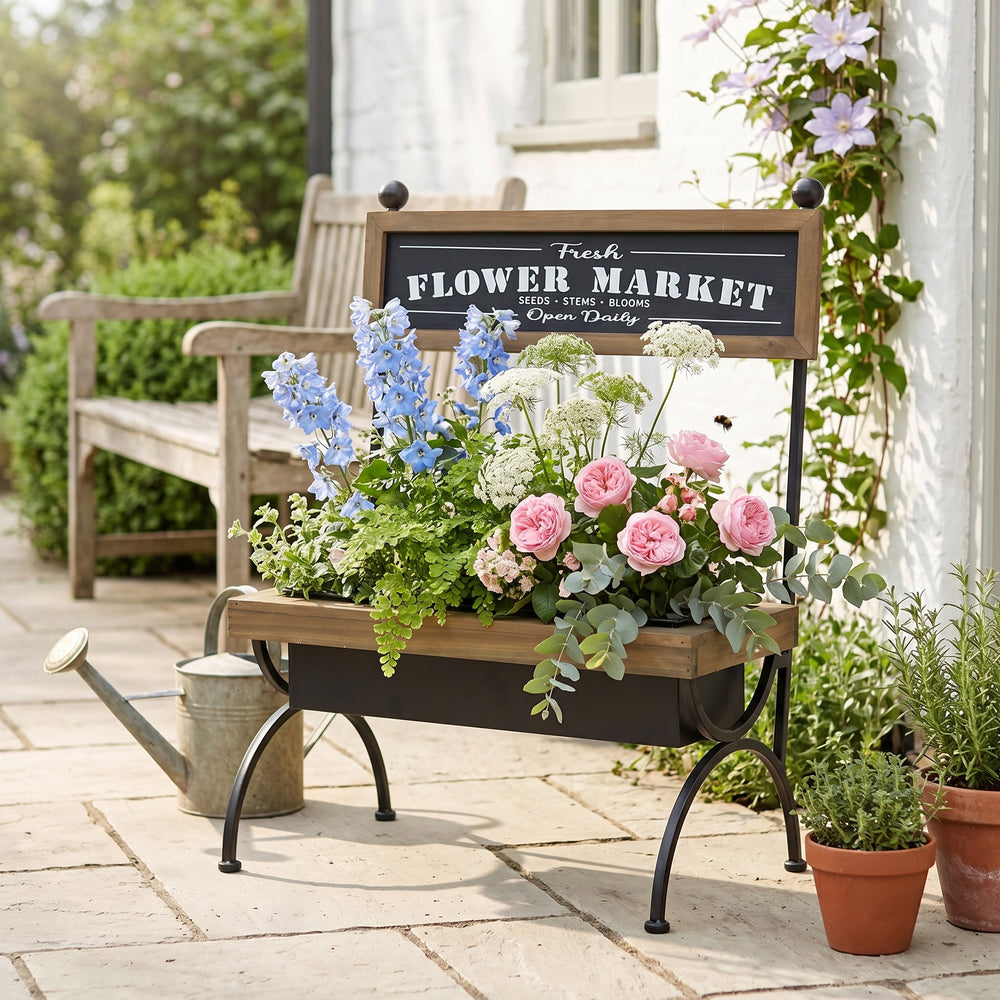 19x11x24' Rustic Brown Wooden Planter Stand with Black Iron Frame Media 1