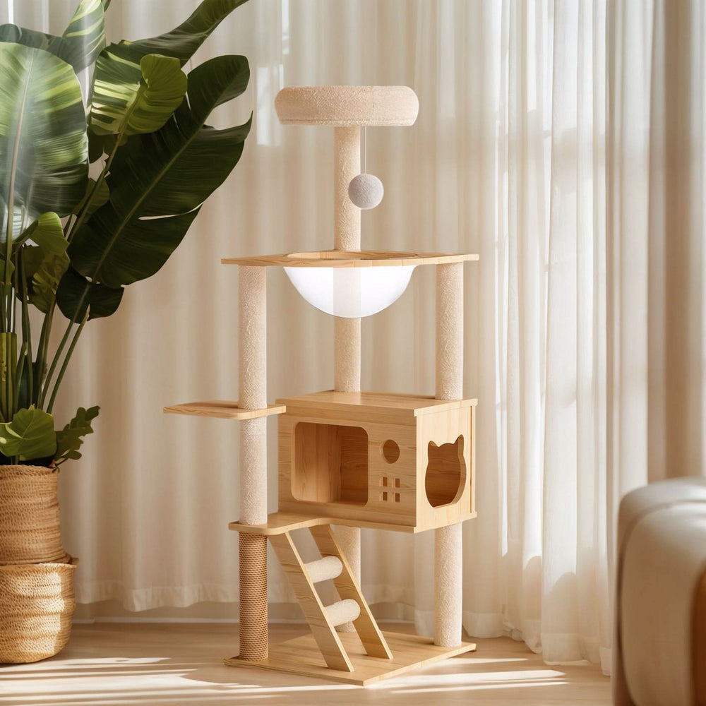 48.8' Modern Cat Tower, Wood Cat Tree Tower for Indoor Cats, Cat Tree with Sisal-Covered Scratching Posts and Top Perch, Cat Condo with Acrylic Hammock for Small Large Cats Media 8