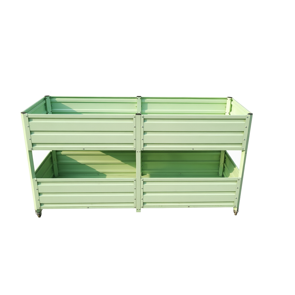Dual Tier Elevated Metal Raised Garden Bed with Lockable Wheels, Staggered 2-Layer Raised Planter Box for Vegetables Herbs Flowers, Outdoor Patio Backyard Green Planting Bed,Green Media 16