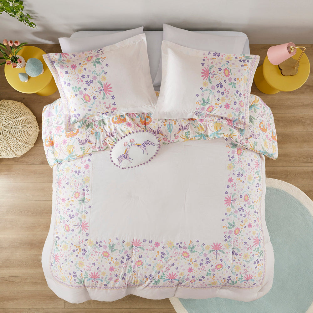 4 PCS Full/Queen Floral Reversible Cotton Comforter Set with Throw Pillow Purple Media 19