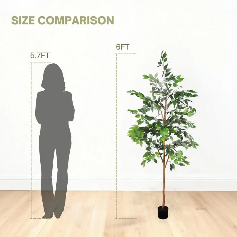 6FT Artificial Ficus Tree with Natural Trunk in Black Plastic Pot for Indoor Home Office Decor, 1pc/set