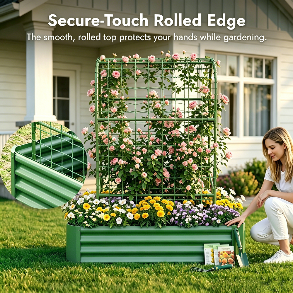 2-in-1 Raised Garden Bed with Trellis - 59' Tall Arch Planter Box for Climbing Plants, Outdoor Galvanized Metal Gardening Bed for Vegetables, Fruits, Flowers (Green, 4x2x1 Ft) Media 10