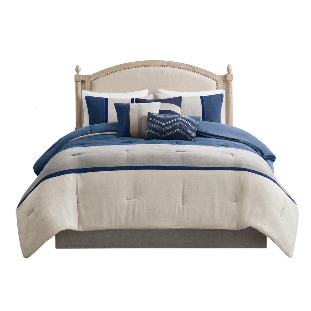 7 Piece Faux Suede Comforter Set Blue Cal King Media 8