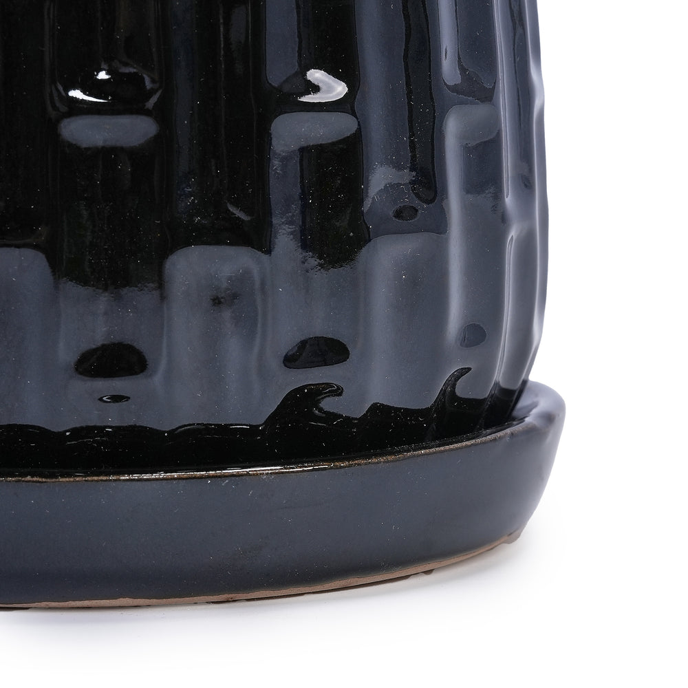 Handmade Ceramic Flower Pot with Groove Pattern, 6 & 8 Inch Diameter, Black Color for Orchids, Indoor/Outdoor Use on Windowsill & Bookshelf, Breathable Clay with Saucer Media 15