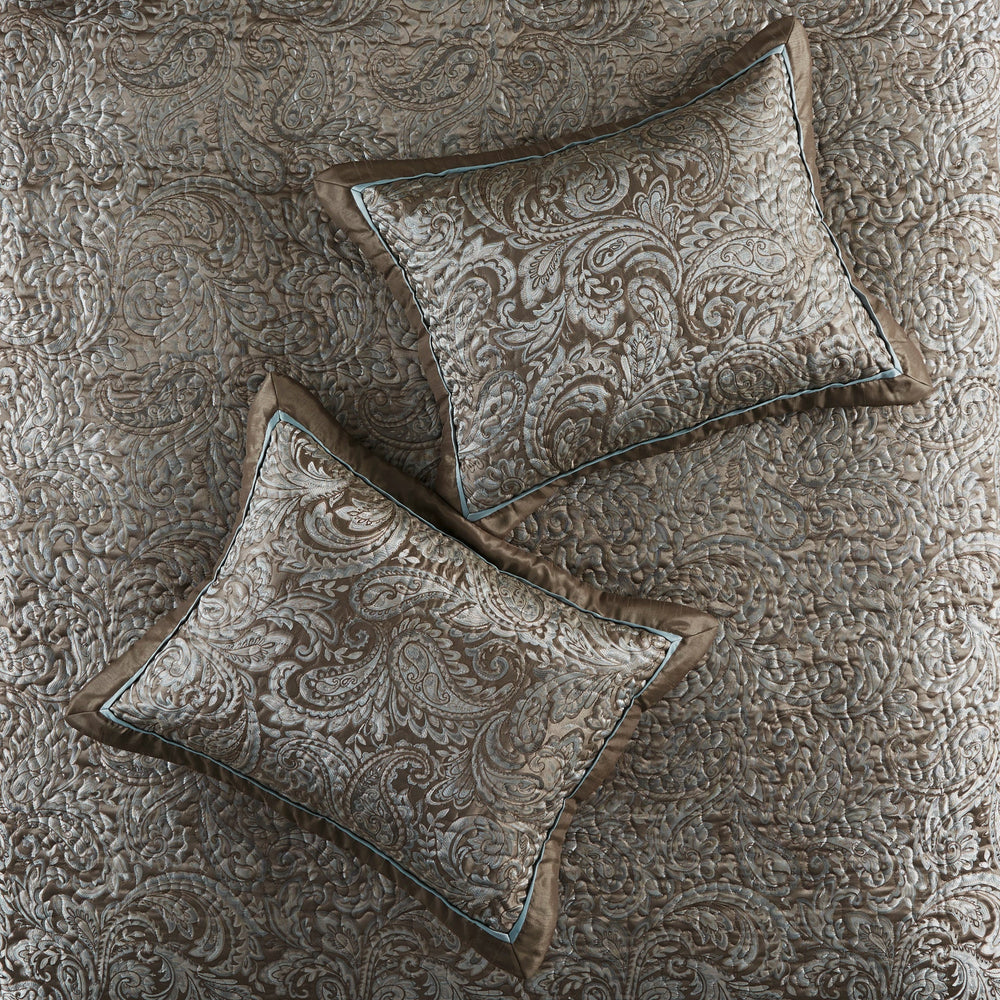 5 Piece Jacquard Bedspread Set with Throw Pillows Blue/Brown Queen Media 6