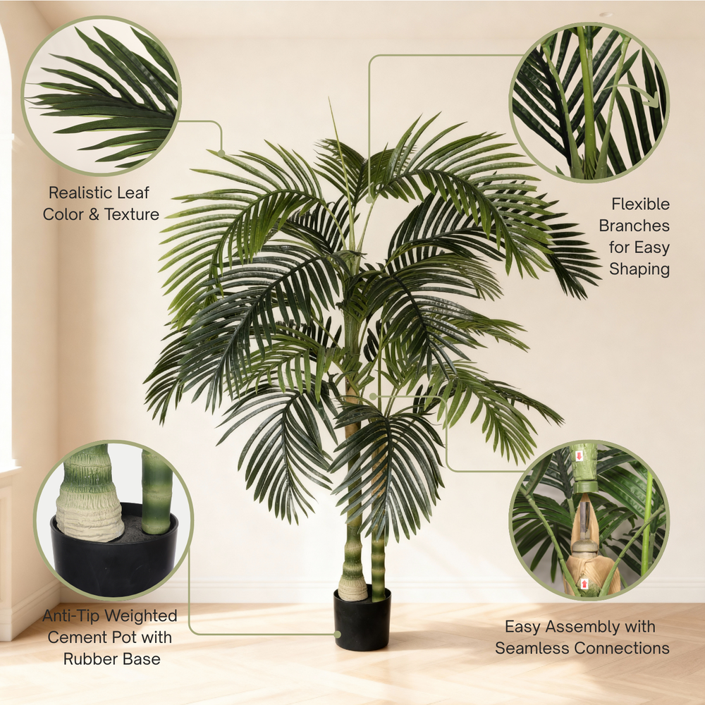 6FT Artificial Palm Tree with Black Plastic Pot, Tropical Fake Plant for Indoor Outdoor Decoration, Faux Palm, 1pc/set Media 5
