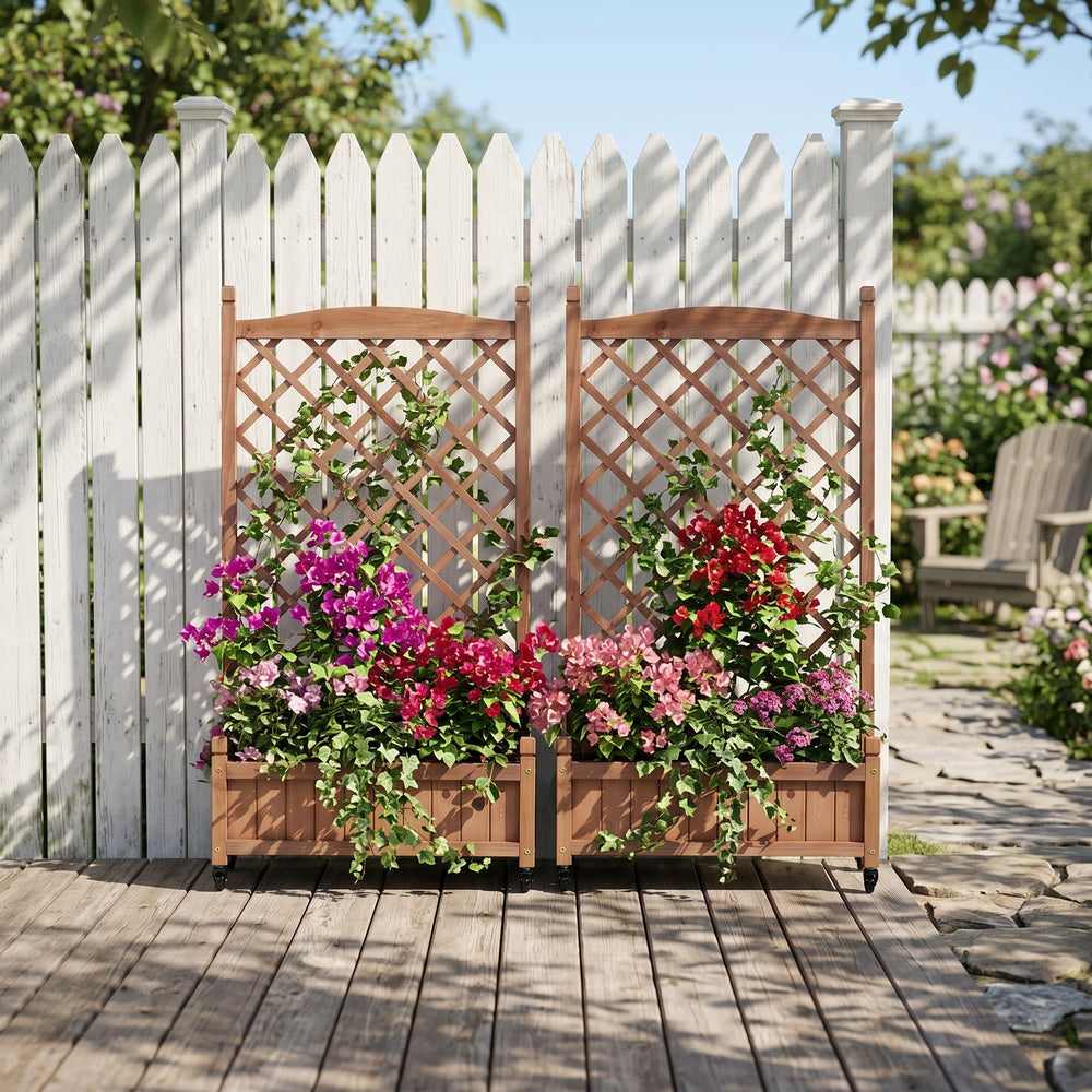 Natural Wood Raised Garden Bed with Trellis 2 Pack, Outdoor Planter Box & Plant Stand for Climbing Plants, Brown Solid Wood, 25L x 11W x 42.3H inches Media 2