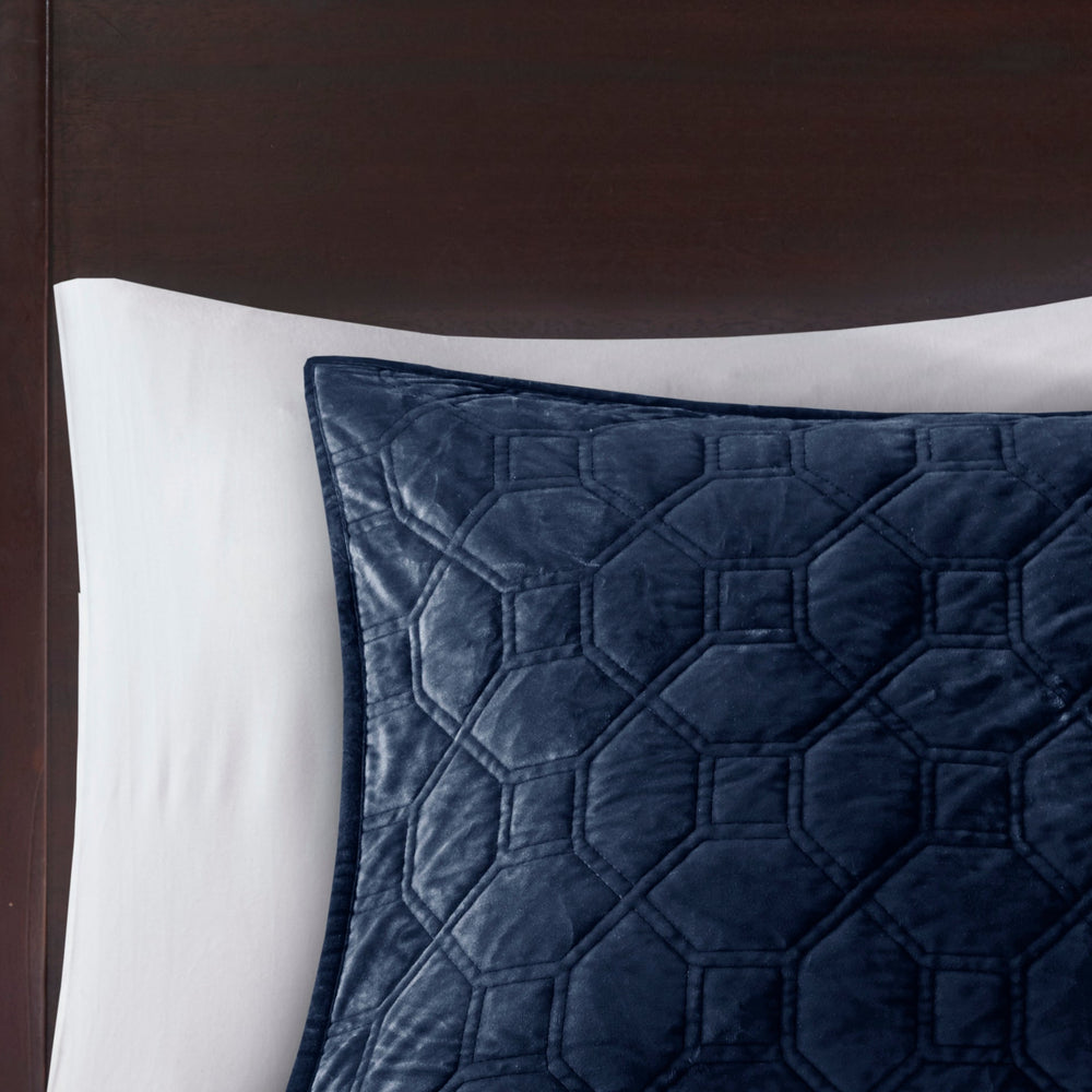 3 Piece Velvet Quilt Set Navy Full/Queen Media 7