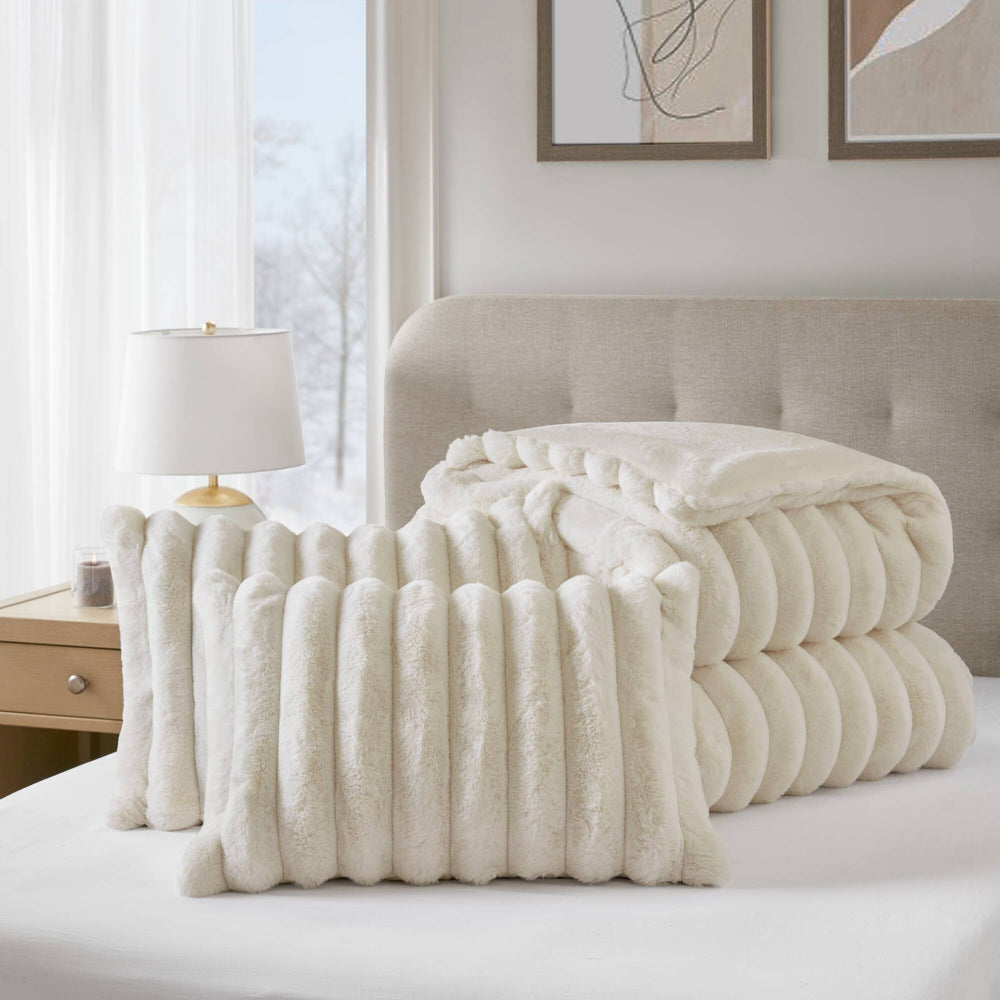 3-Piece King  soft Faux Fur Ribbed Comforter Set,Ivory Media 14