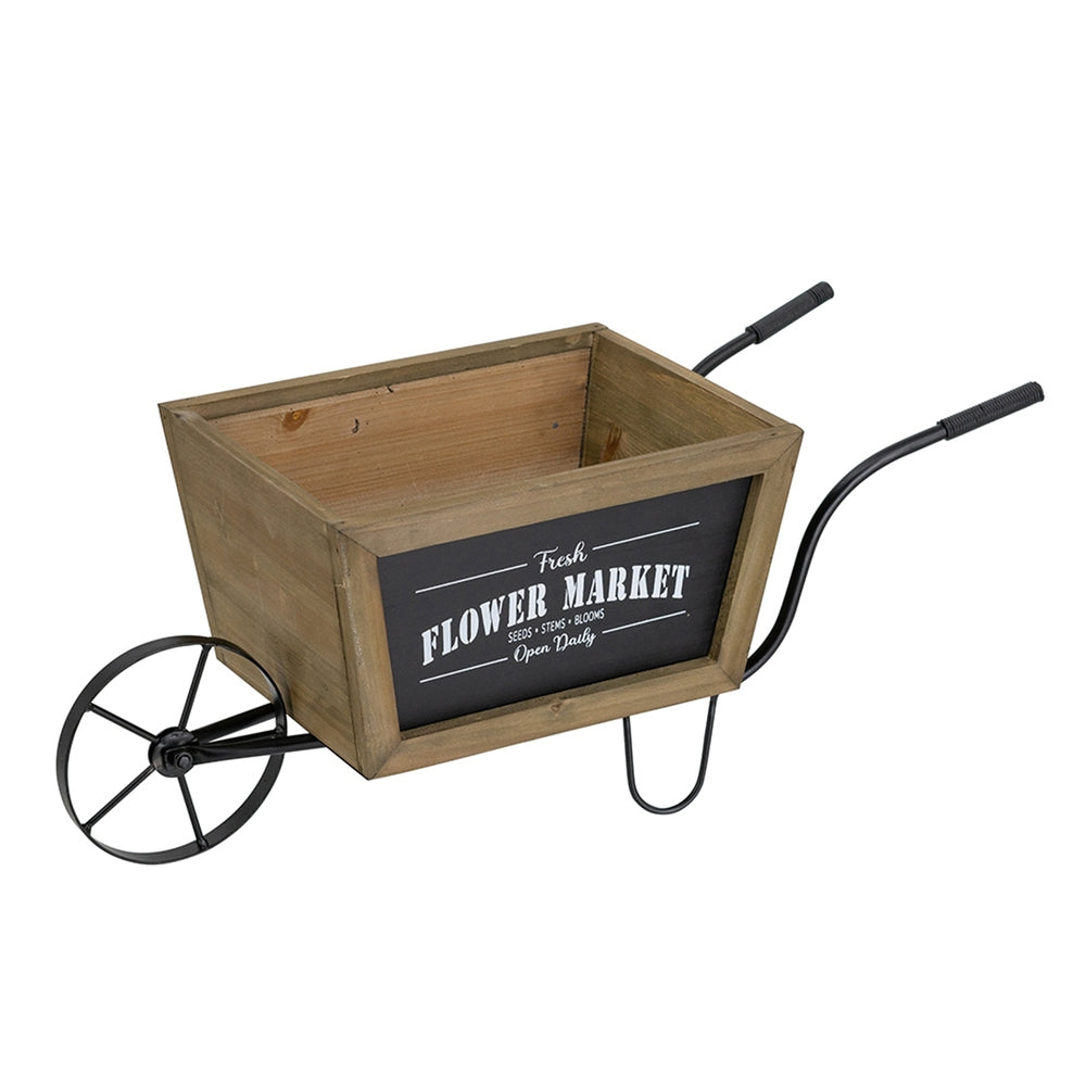 19.5x7.9x8.3' Brown Wooden Wheelbarrow Planter with Black Iron Frame Media 2