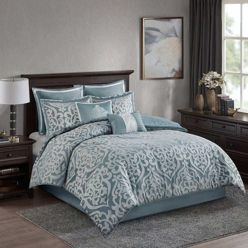 8 Piece Jacquard Comforter Set Aqua/Silver Cal King Media 1