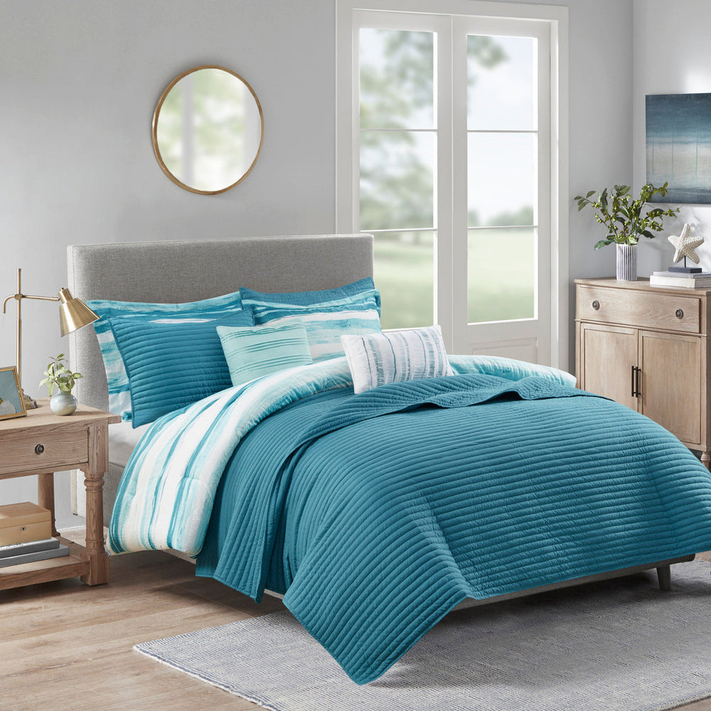 8 Piece Printed Seersucker Comforter and Quilt Set Collection Aqua Full/Queen Media 6