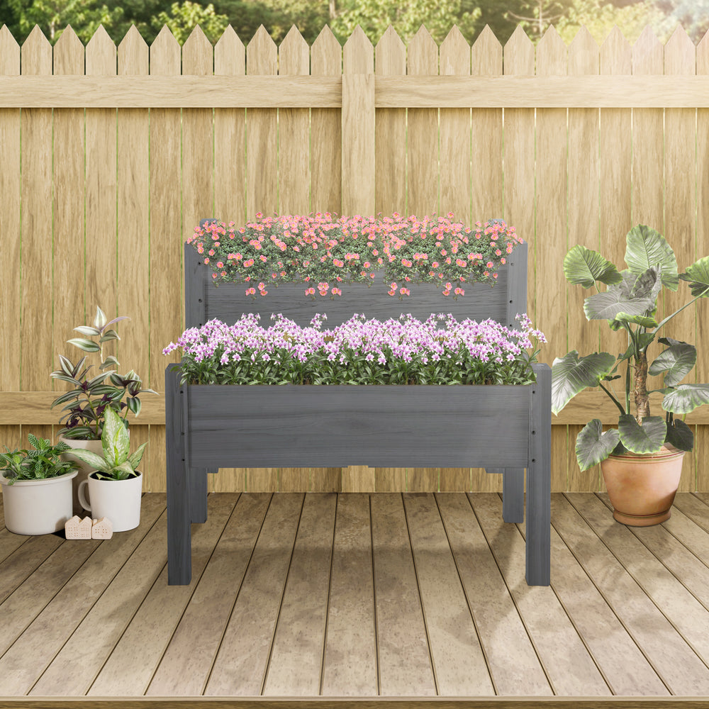 Outsunny 34'x34'x28' Raised Garden Bed, 2-Tier Elevated Wood Planter Box for Backyard, Patio to Grow Vegetables, Herbs, and Flowers, Gray Media 8