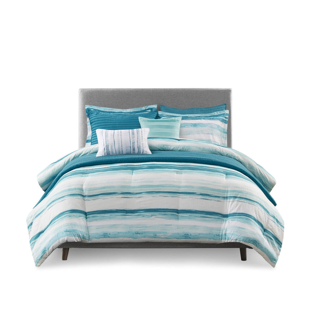 8 Piece Printed Seersucker Comforter and Quilt Set Collection Aqua Full/Queen Media 8