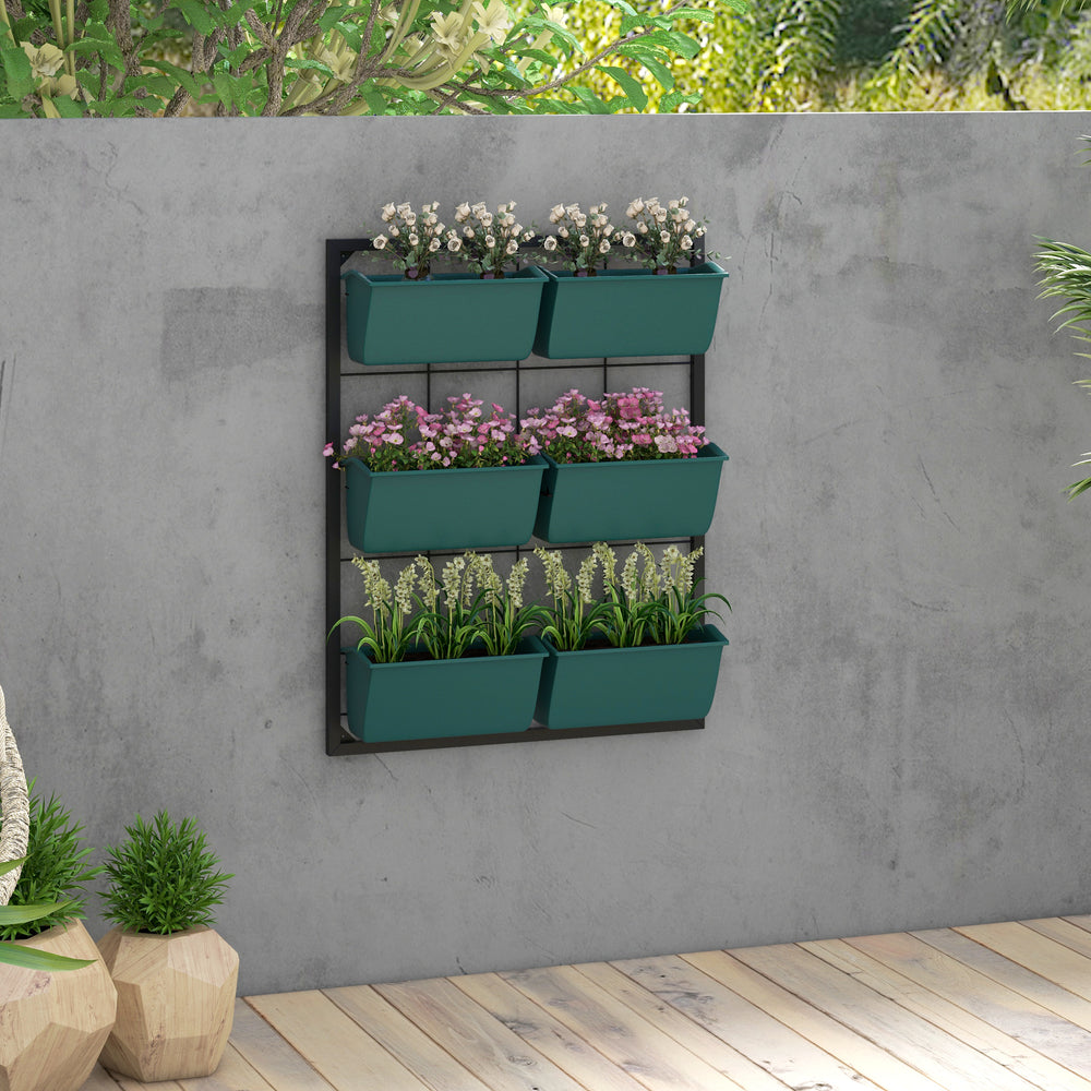 Outsunny 3-Tier Wall Planter with 6 Pots for Indoor and Outdoor Use, Hanging Plant Holder, Self Draining Wall Mounted Planter for Vegetables, Flowers, Herbs, Green Media 2