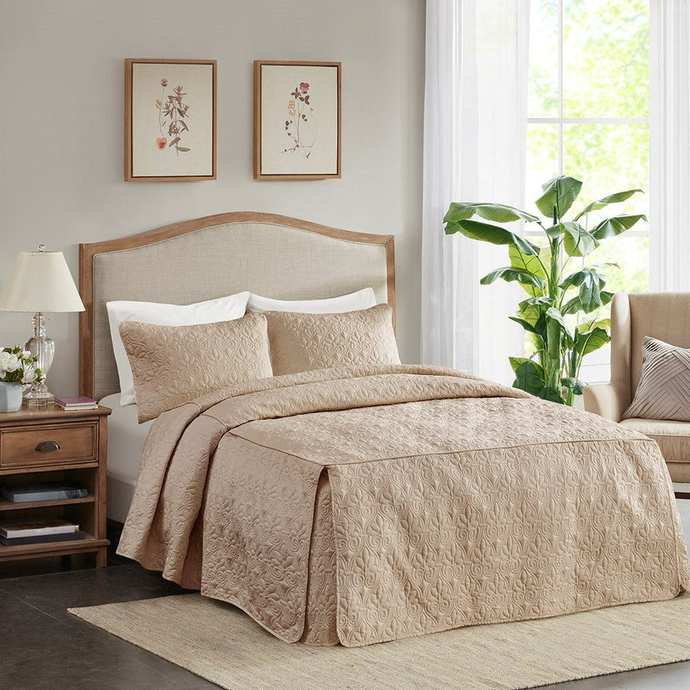 3 Piece Split Corner Pleated Quilted Bedspread Khaki Queen Media 1