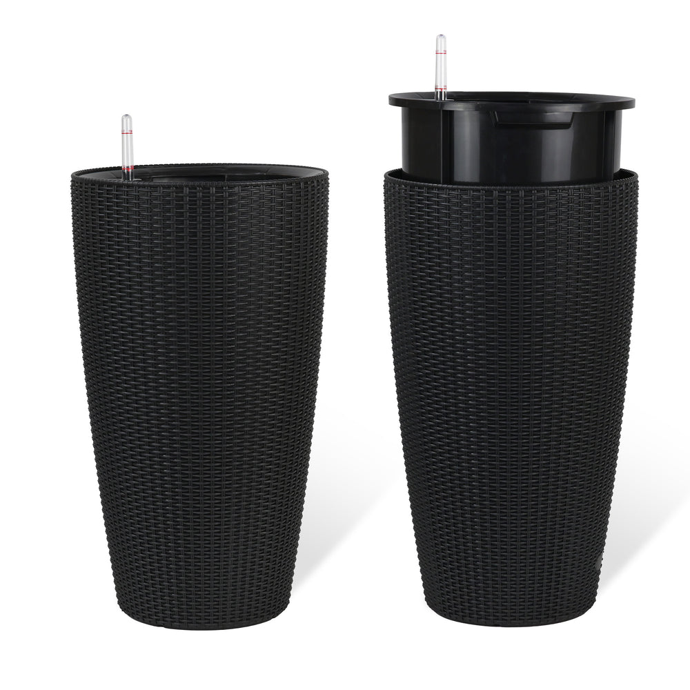 Faux Rattan Tall Planters Set with Water Level Monitor and Auto Watering, Black, Polypropylene, 22 Inch Media 9
