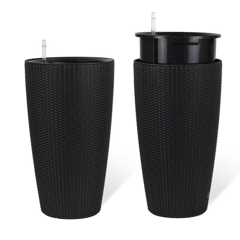 Faux Rattan Tall Planters Set with Water Level Monitor and Auto Watering, Black, Polypropylene, 22 Inch