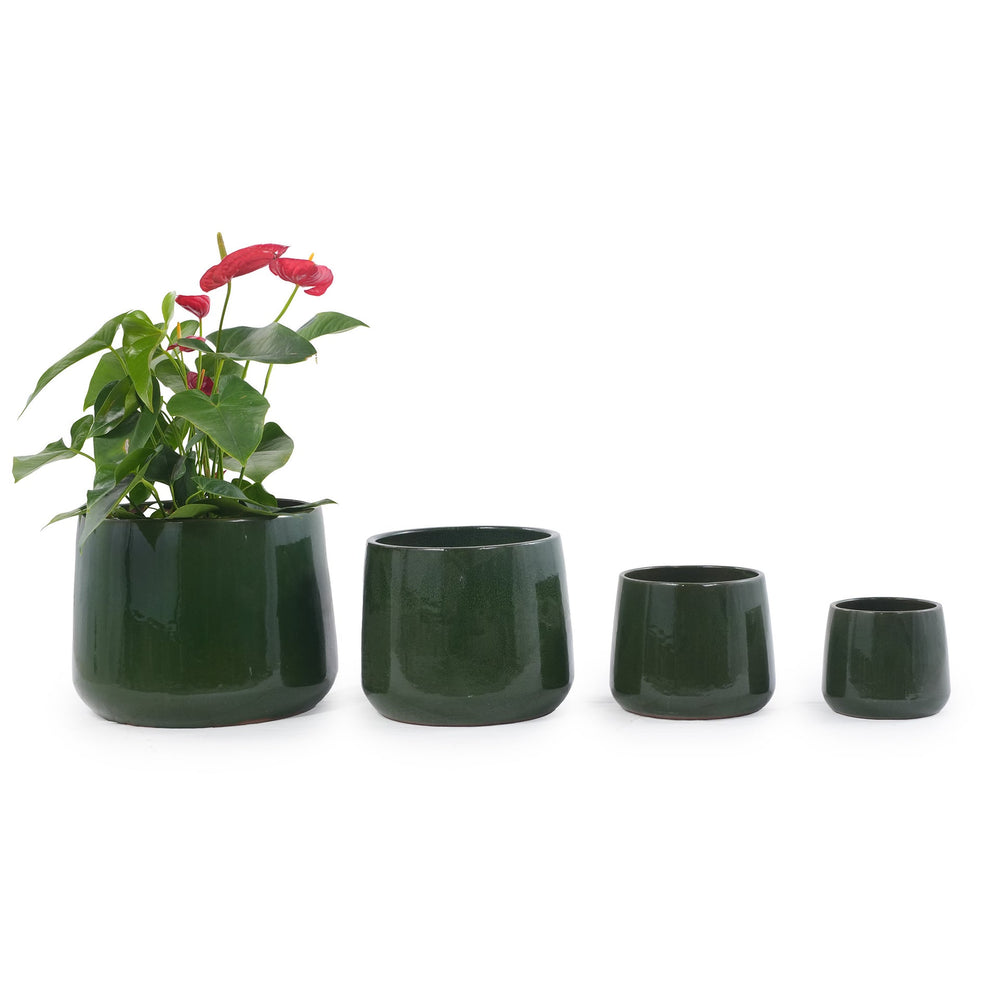 Handmade Solid Glazed Ceramic Planter Set of 4, 14/11/9/7 Inch Diameter, Deep Green, for Succulents and Cacti, Outdoor Garden & Indoor Stairs Use, Breathable Clay with Drainage Holes Media 4