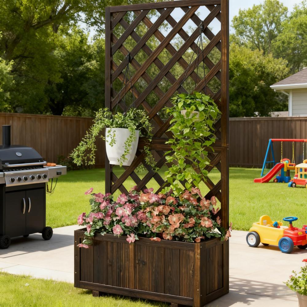 Garden Bed,Wooden Raised Garden Bed Planting Planter Box with Trellis and Drain Holes for Climbing Vine Plants Media 7