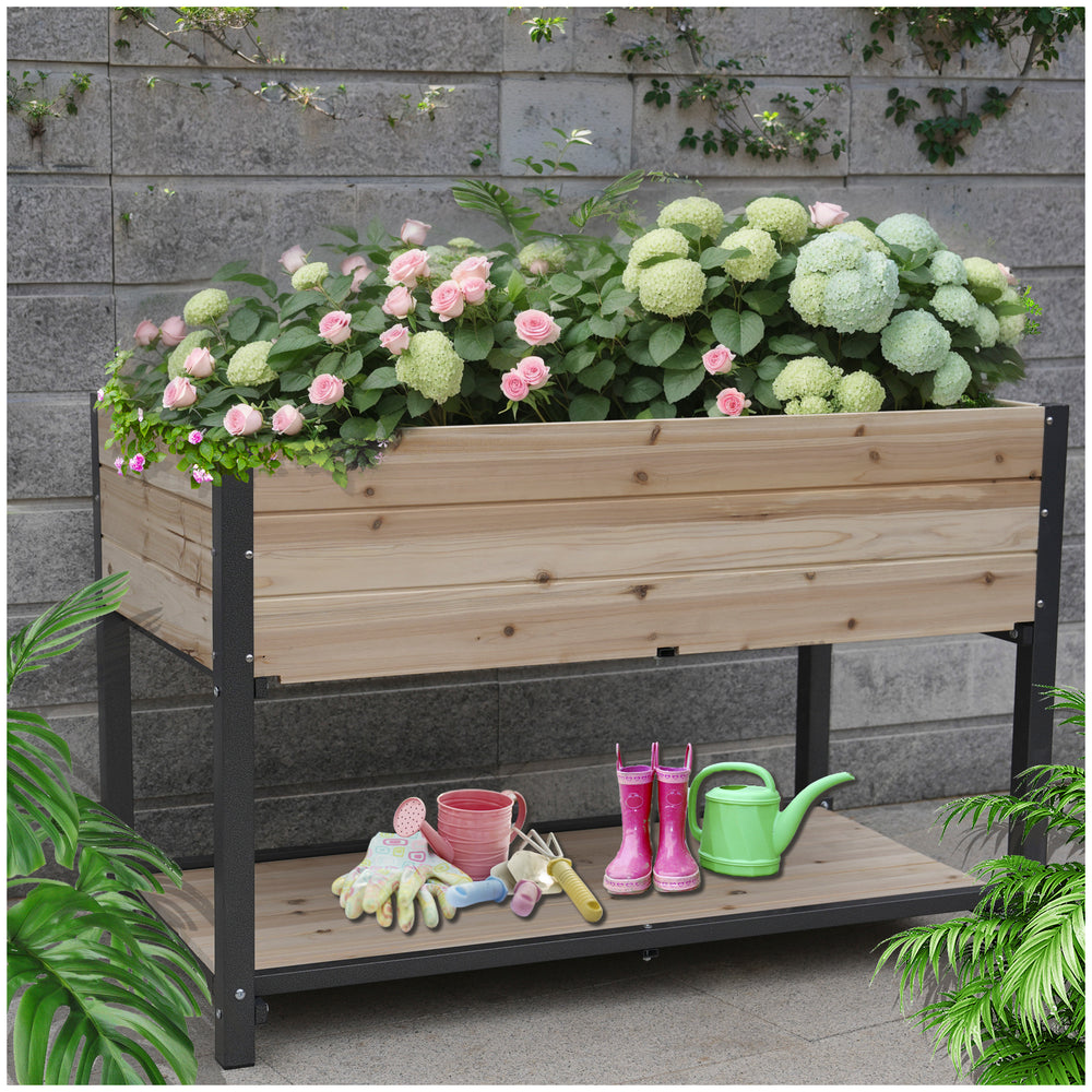 New style:     45'  Iron-wood combined growing beds with feet and storage racks. Suitable for various places such as gardens, backyards, terraces, balconies, etc. Media 1