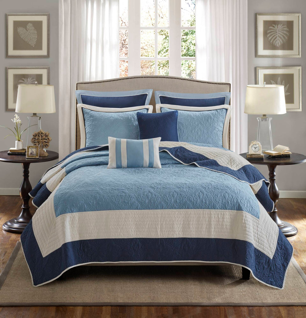 7-Piece Full/Queen 7 Piece Quilt Set with Euro Shams and Throw Pillows,Navy Media 1