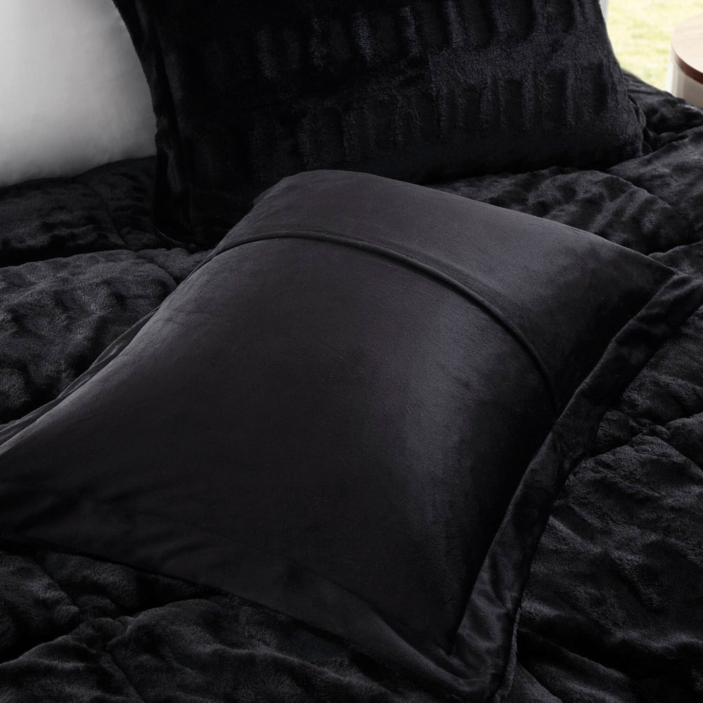 3 PCS King/Cal King Solid Faux Fur Comforter Mini Set Black Media 13