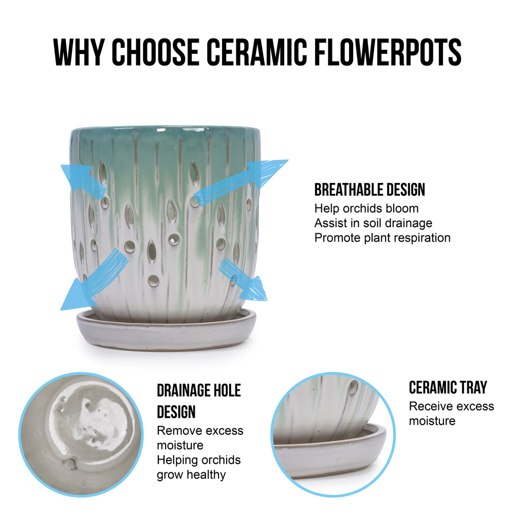 Set of 2 Ceramic Flowerpot with Drainage Hole, 8' Modern Planter for Patio, Garden, Windowsill - White Green Media 13