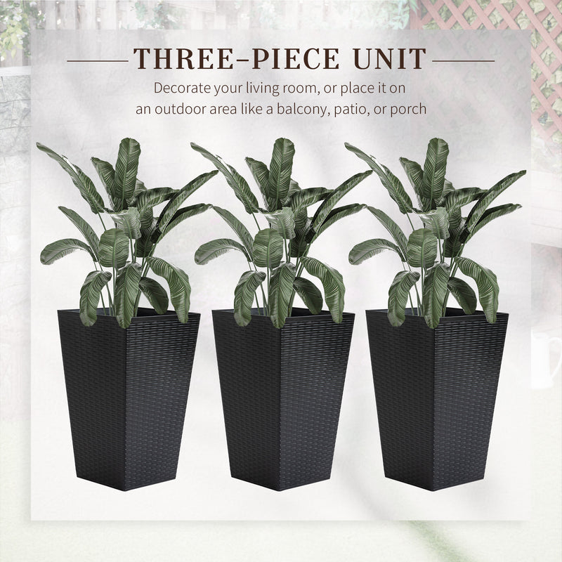 Outsunny Set of 3 Tall Planters with Drainage Hole, Outdoor Flower Pots, Indoor Planters for Porch, Front Door, Entryway, Patio and Deck, Black