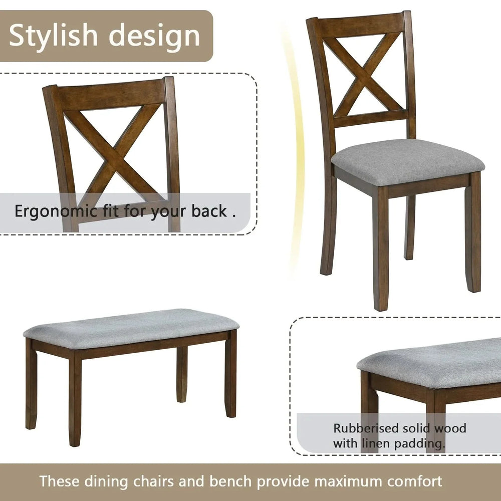Dining Room Set Acacia Wood Walnut Rectangular Table 6 Seat with Chairs Bench Media 9