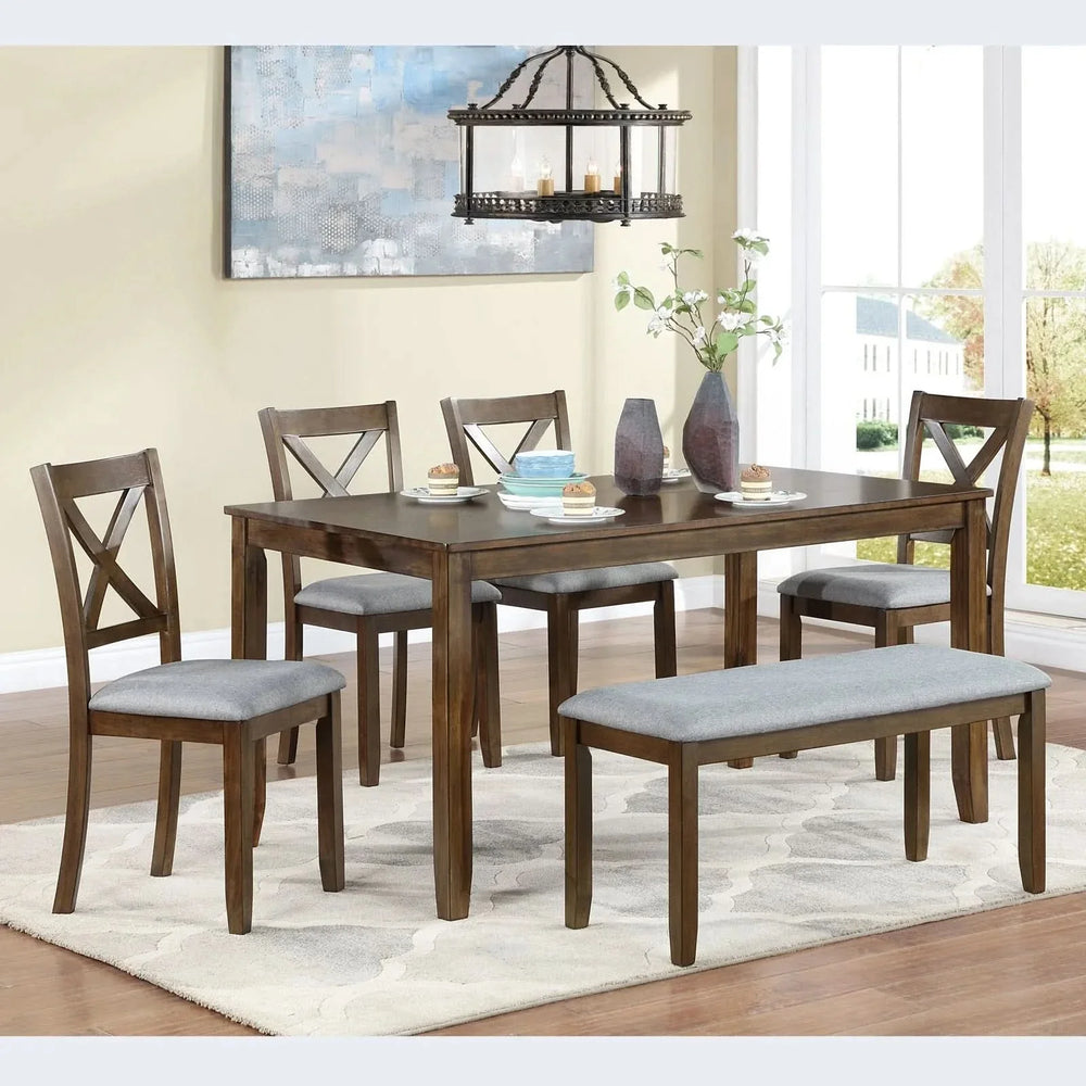 Dining Room Set Acacia Wood Walnut Rectangular Table 6 Seat with Chairs Bench Media 2