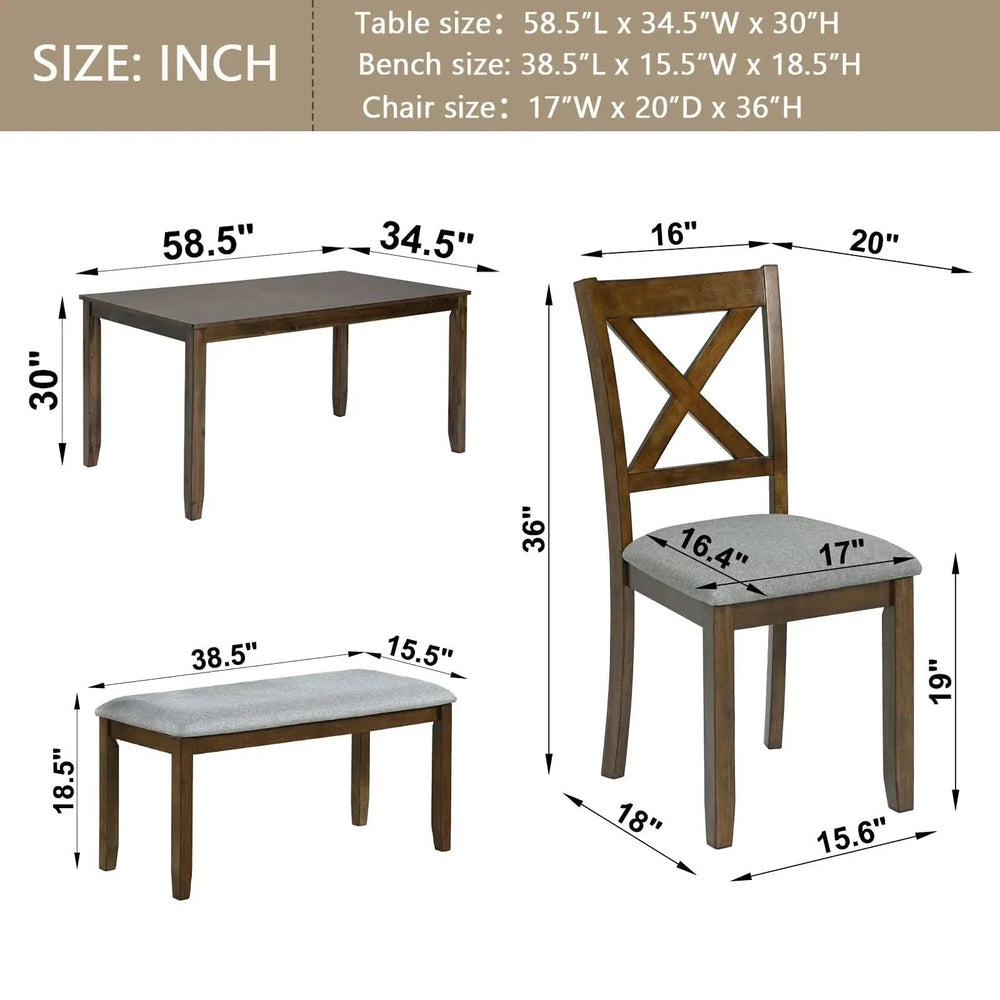 Dining Room Set Acacia Wood Walnut Rectangular Table 6 Seat with Chairs Bench Media 3