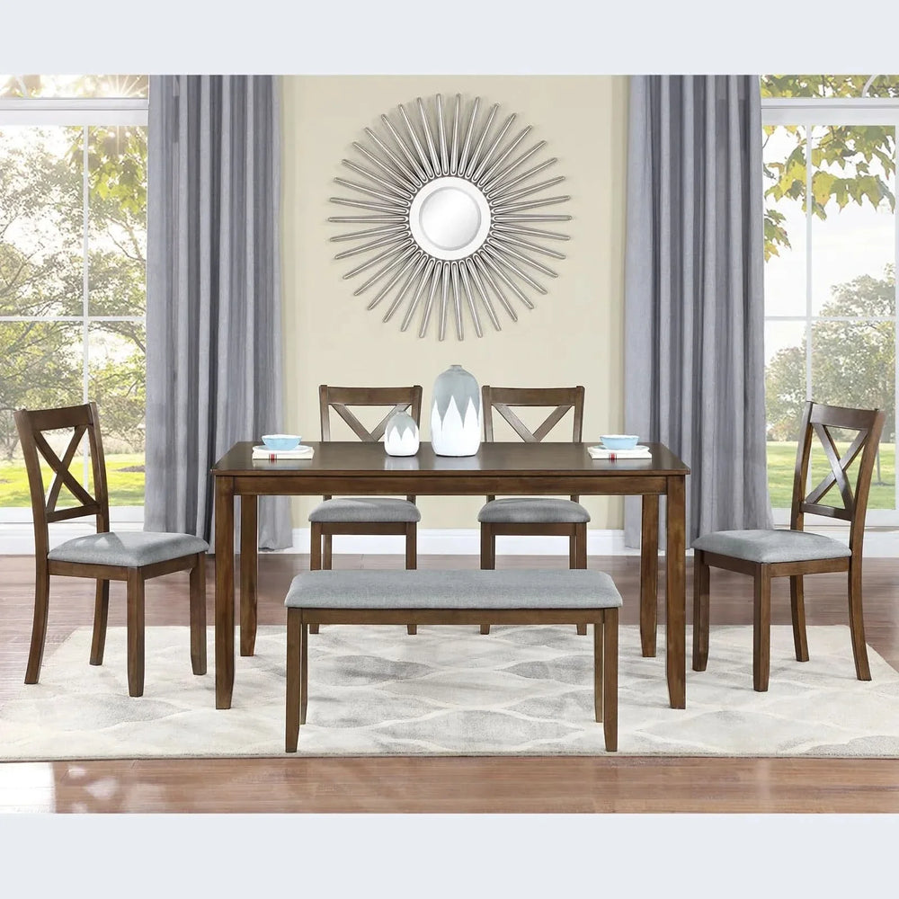 Dining Room Set Acacia Wood Walnut Rectangular Table 6 Seat with Chairs Bench Media 4