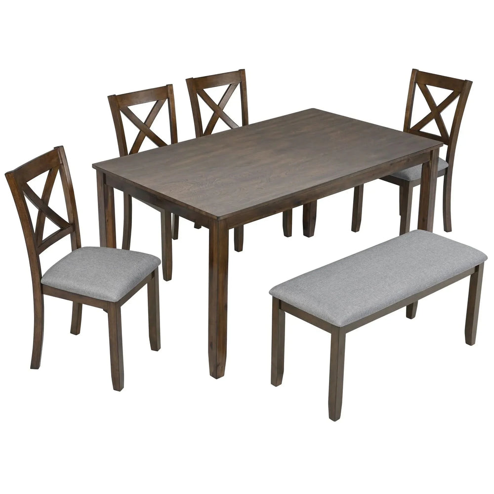 Dining Room Set Acacia Wood Walnut Rectangular Table 6 Seat with Chairs Bench Media 1